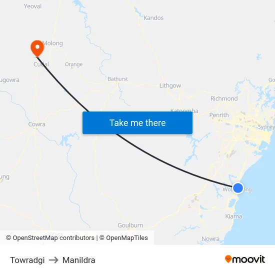Towradgi to Manildra map