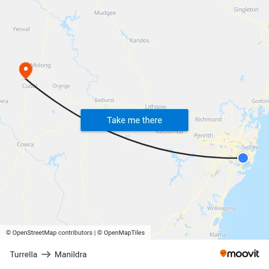 Turrella to Manildra map