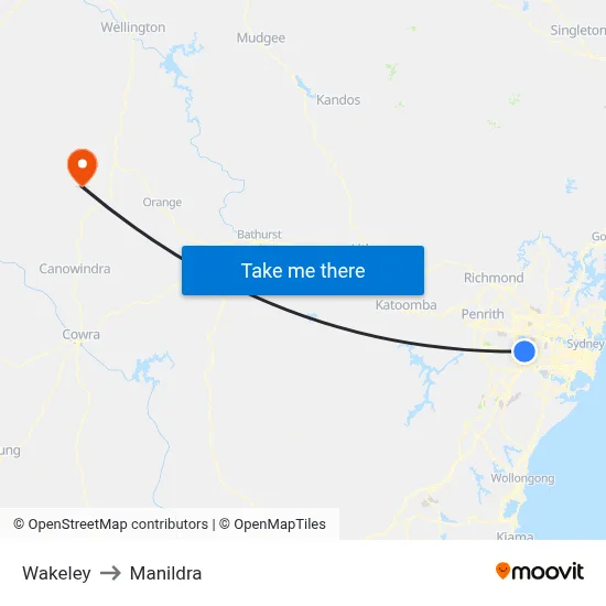 Wakeley to Manildra map