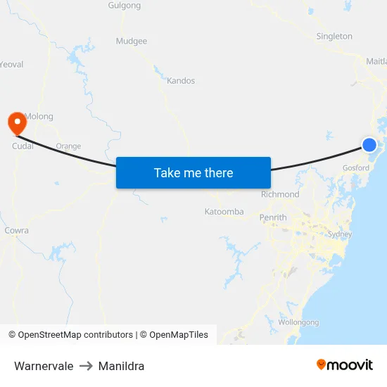 Warnervale to Manildra map