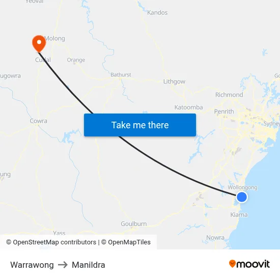 Warrawong to Manildra map