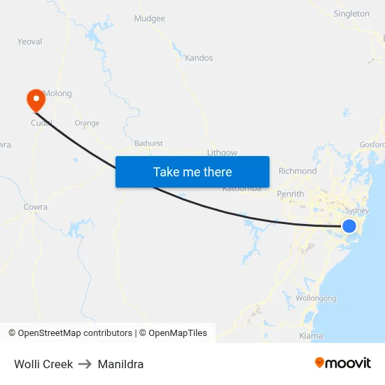 Wolli Creek to Manildra map