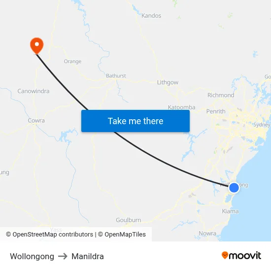 Wollongong to Manildra map
