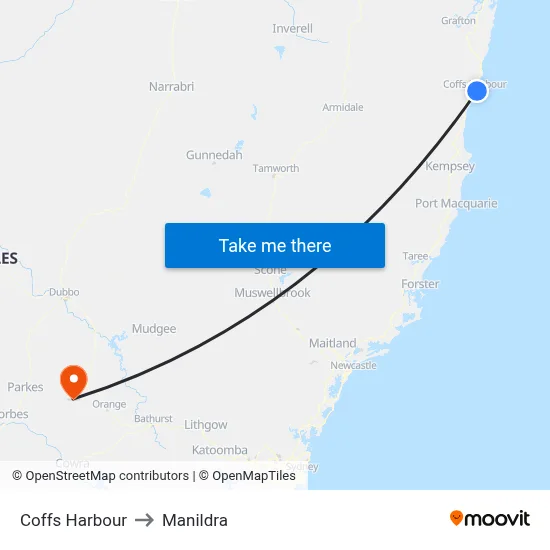 Coffs Harbour to Manildra map