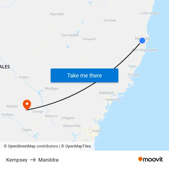 Kempsey to Manildra map