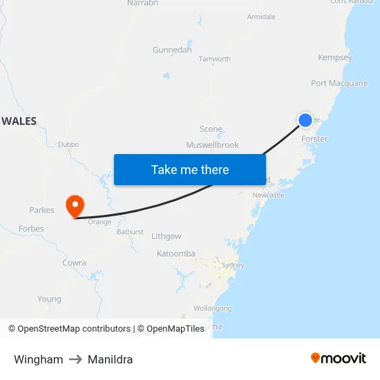 Wingham to Manildra map