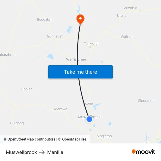 Muswellbrook to Manilla map