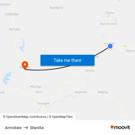 Armidale to Manilla map