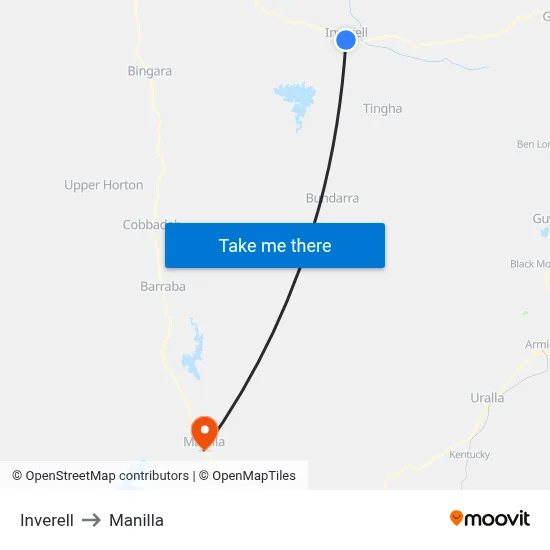 Inverell to Manilla map
