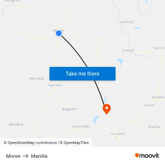 Moree to Manilla map