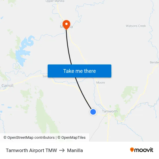 Tamworth Airport TMW to Manilla map