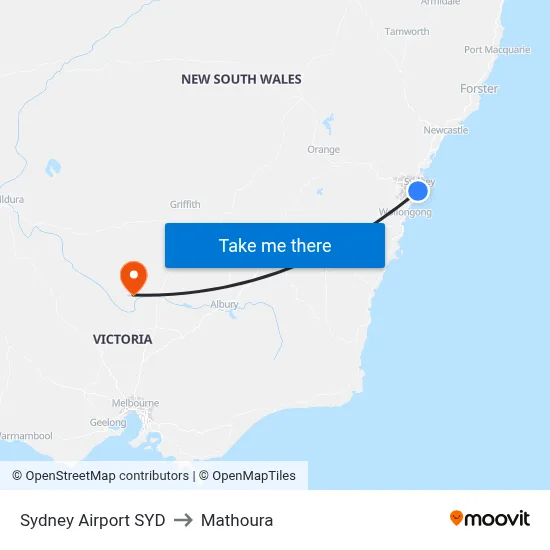 Sydney Airport SYD to Mathoura map