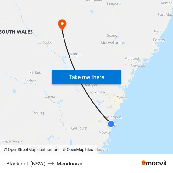 Blackbutt (NSW) to Mendooran map