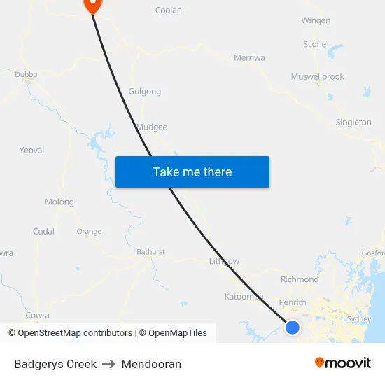 Badgerys Creek to Mendooran map