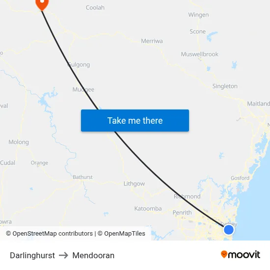 Darlinghurst to Mendooran map