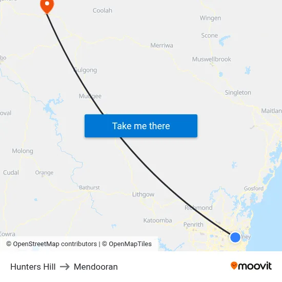 Hunters Hill to Mendooran map
