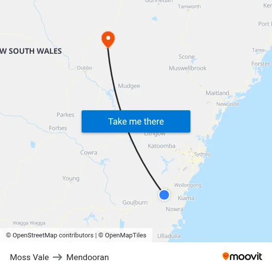 Moss Vale to Mendooran map