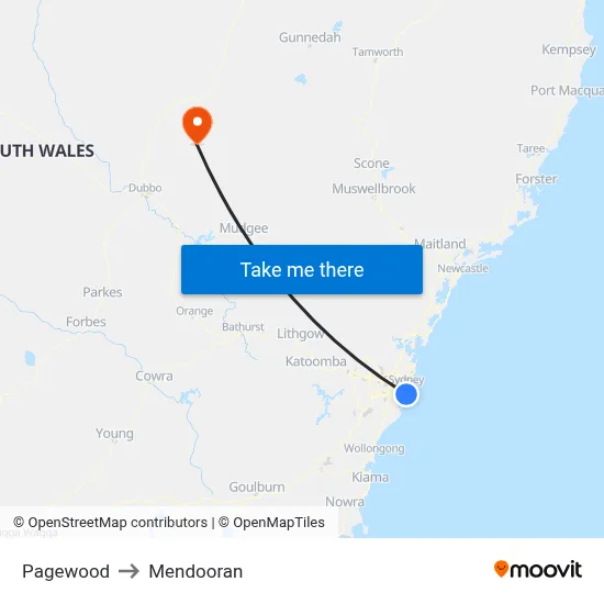 Pagewood to Mendooran map