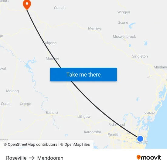 Roseville to Mendooran map