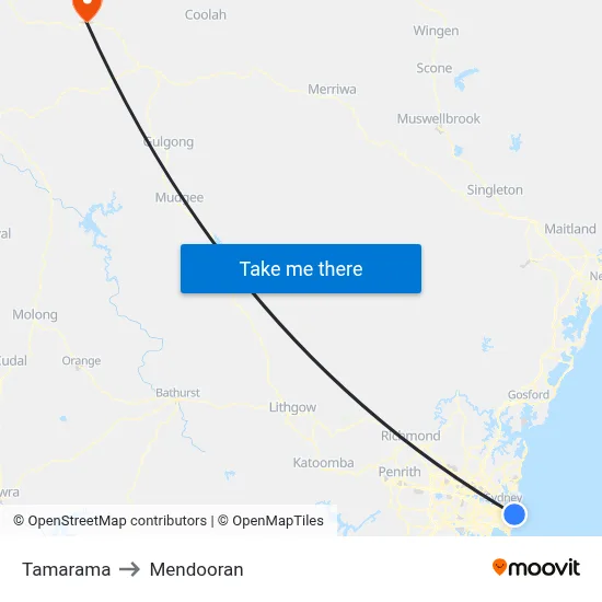 Tamarama to Mendooran map