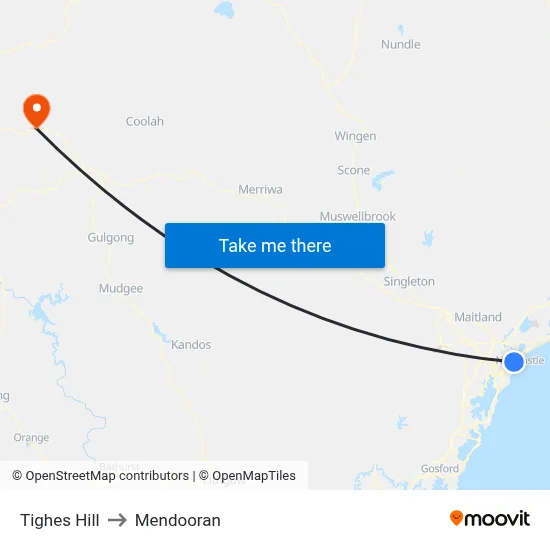 Tighes Hill to Mendooran map