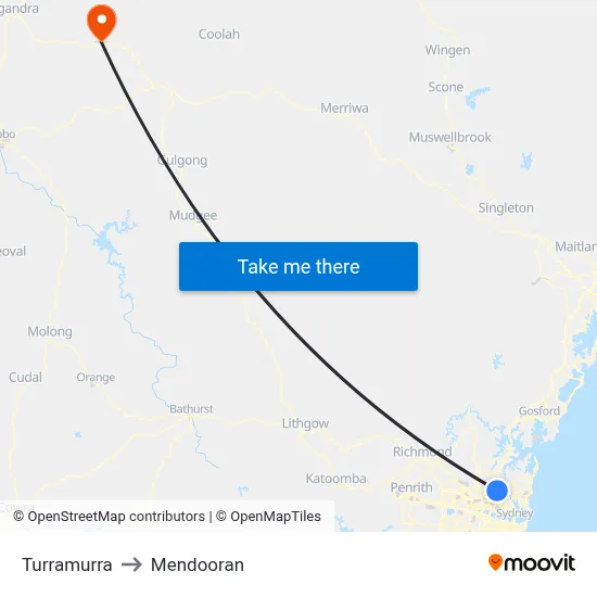 Turramurra to Mendooran map