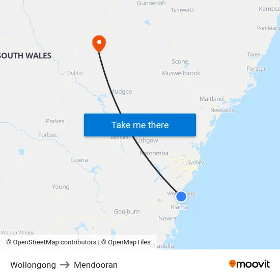Wollongong to Mendooran map