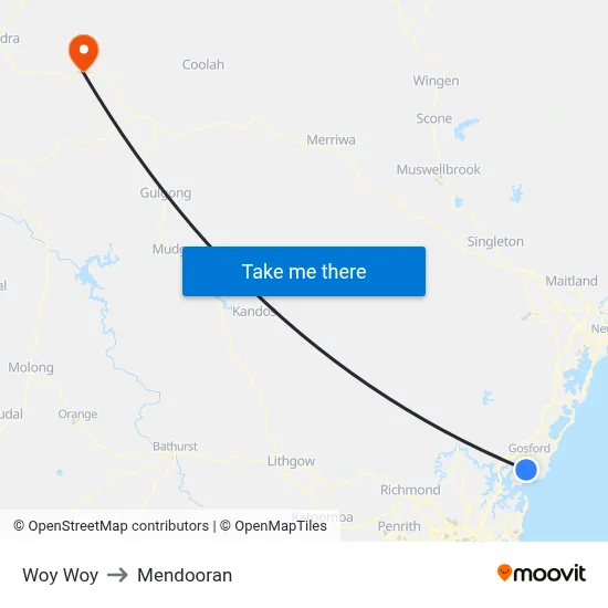 Woy Woy to Mendooran map