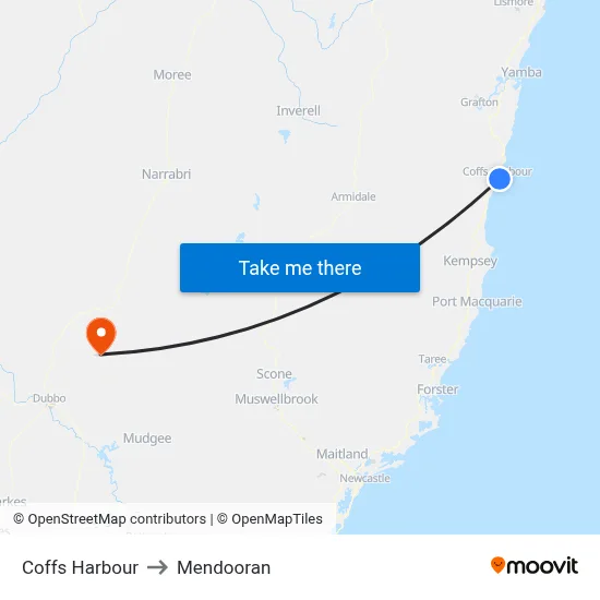 Coffs Harbour to Mendooran map