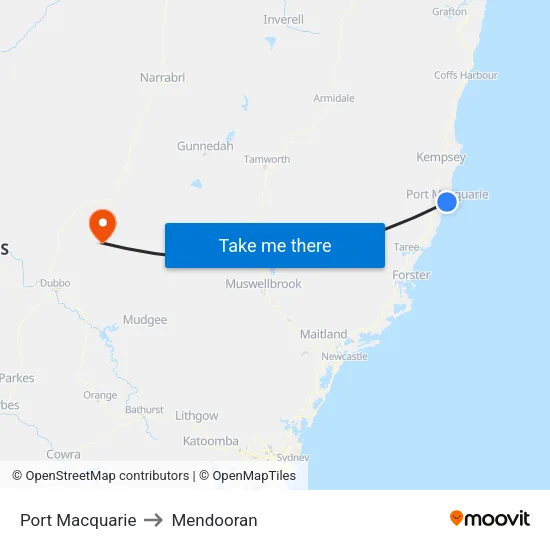 Port Macquarie to Mendooran map