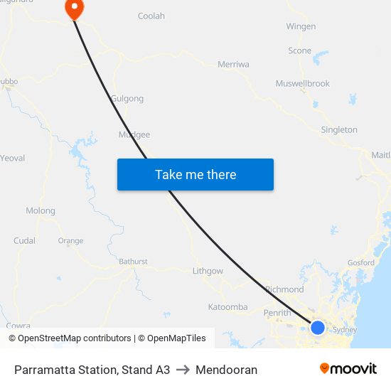 Parramatta Station, Stand A3 to Mendooran map