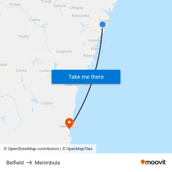 Belfield to Merimbula map