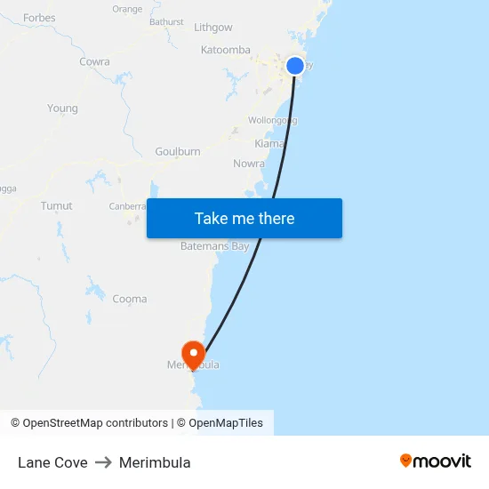 Lane Cove to Merimbula map