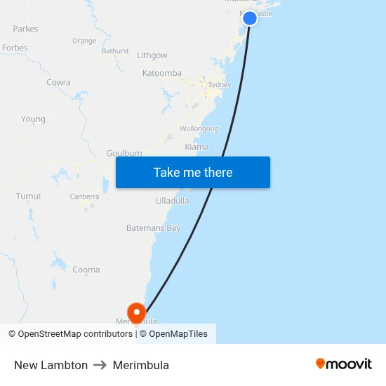 New Lambton to Merimbula map