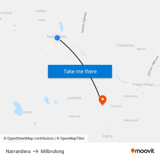 Narrandera to Milbrulong map