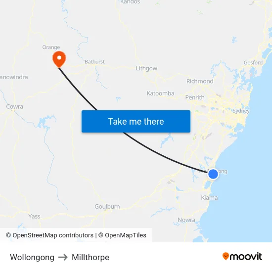 Wollongong to Millthorpe map