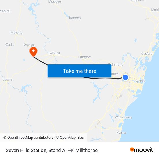 Seven Hills Station, Stand A to Millthorpe map