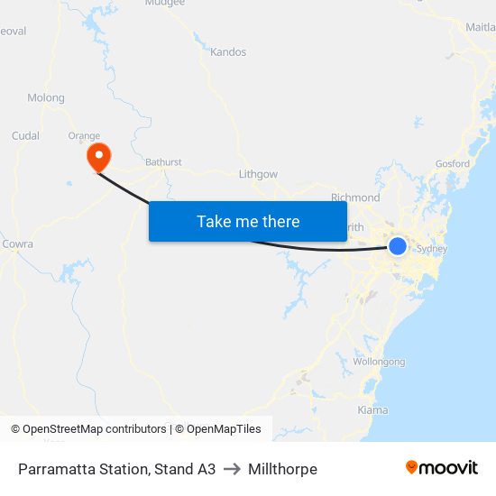 Parramatta Station, Stand A3 to Millthorpe map