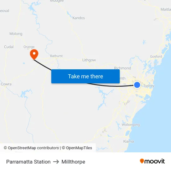 Parramatta Station to Millthorpe map