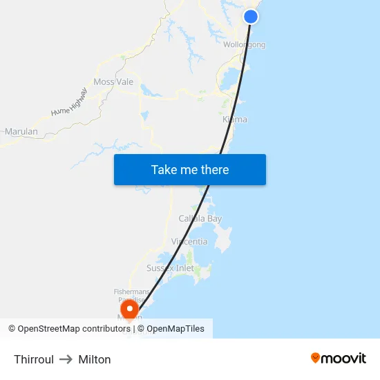 Thirroul to Milton map