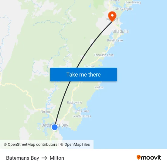 Batemans Bay to Milton map