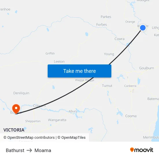 Bathurst to Moama map