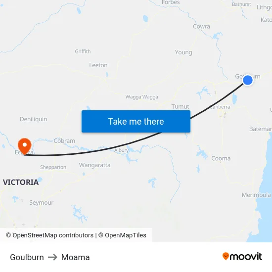 Goulburn to Moama map