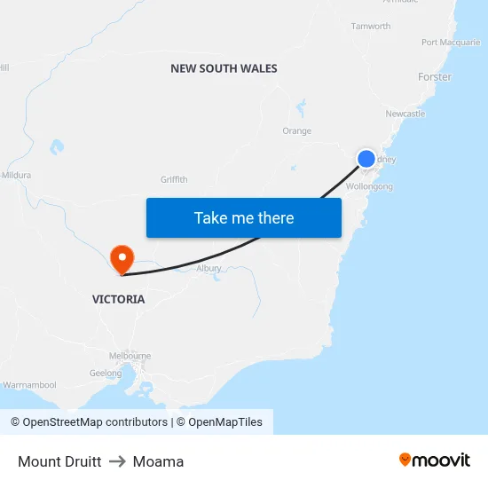 Mount Druitt to Moama map