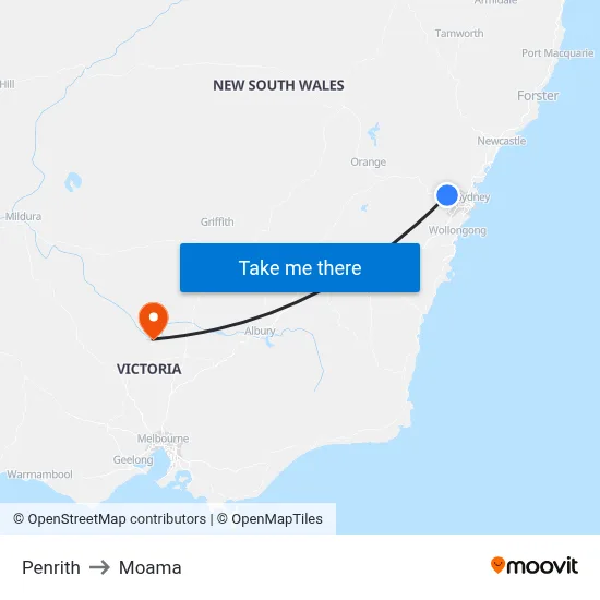 Penrith to Moama map