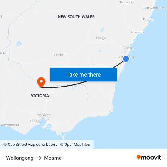 Wollongong to Moama map