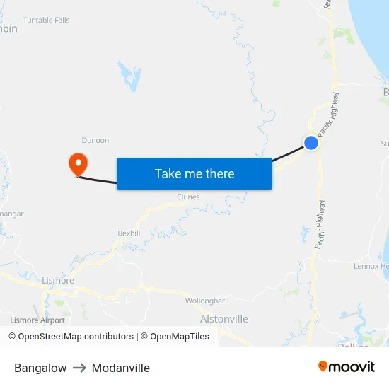 Bangalow to Modanville map