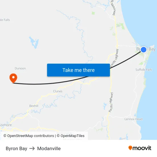 Byron Bay to Modanville map