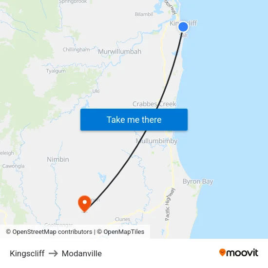 Kingscliff to Modanville map