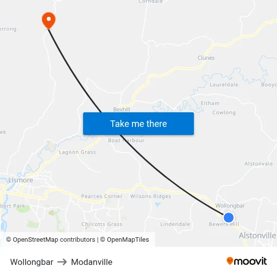 Wollongbar to Modanville map